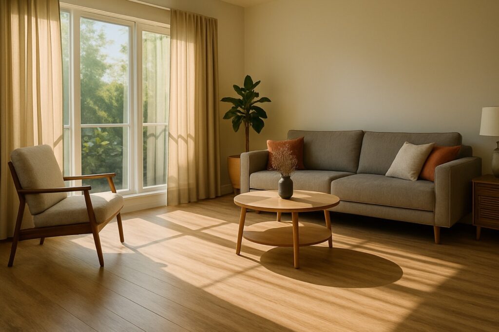 PVC vloer zomerklaar maken: zo voorkom je uitzetten en verkleuren - Moderne woonkamer met PVC vloer en zomerse lichtinval groot