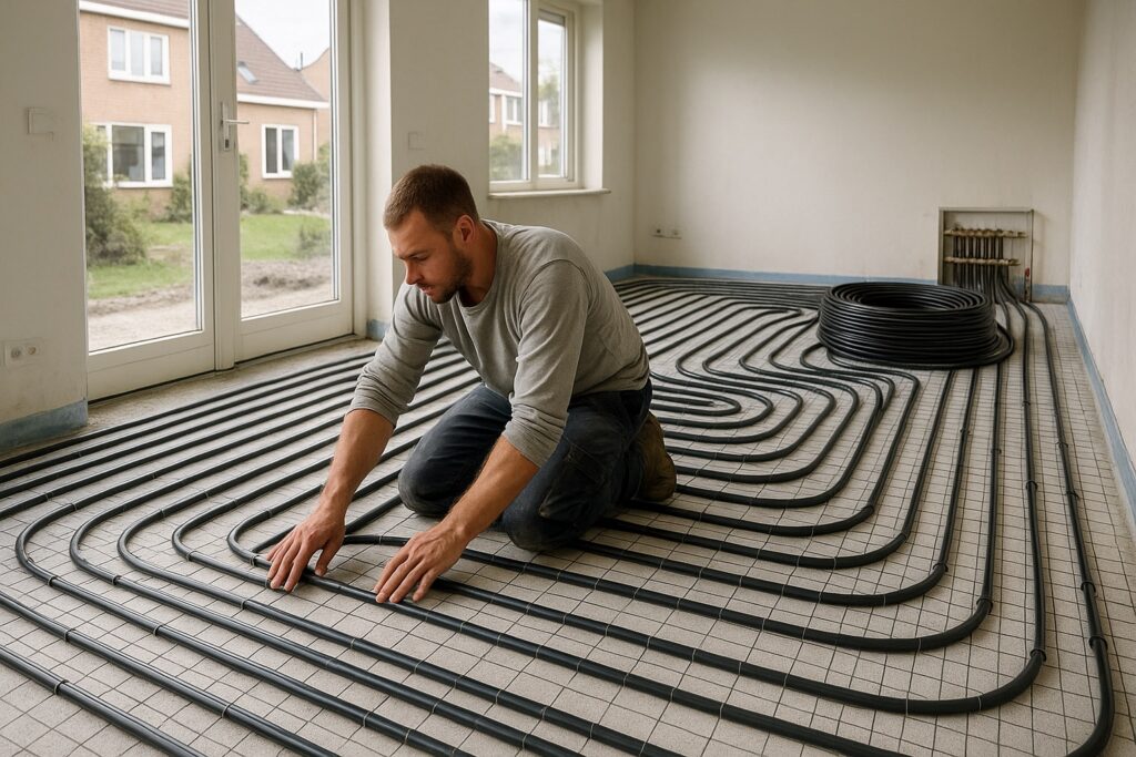 Een ondervloer bovenop vloerverwarming als voorbereiding op PVC vloer