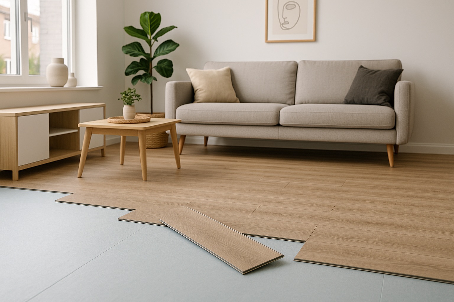 Een klik PVC vloer in aanleg met zichtbare ondervloer in een moderne woonkamer
