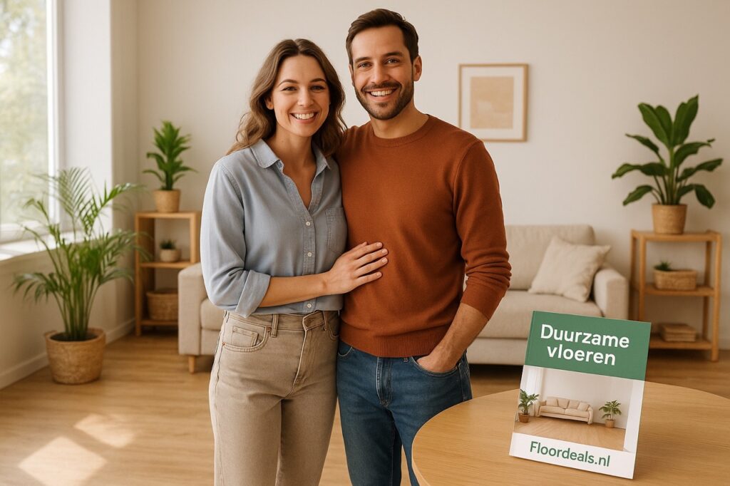 Tevreden bewoners met duurzame PVC vloer en adviesbrochure van Floordeals.nl
