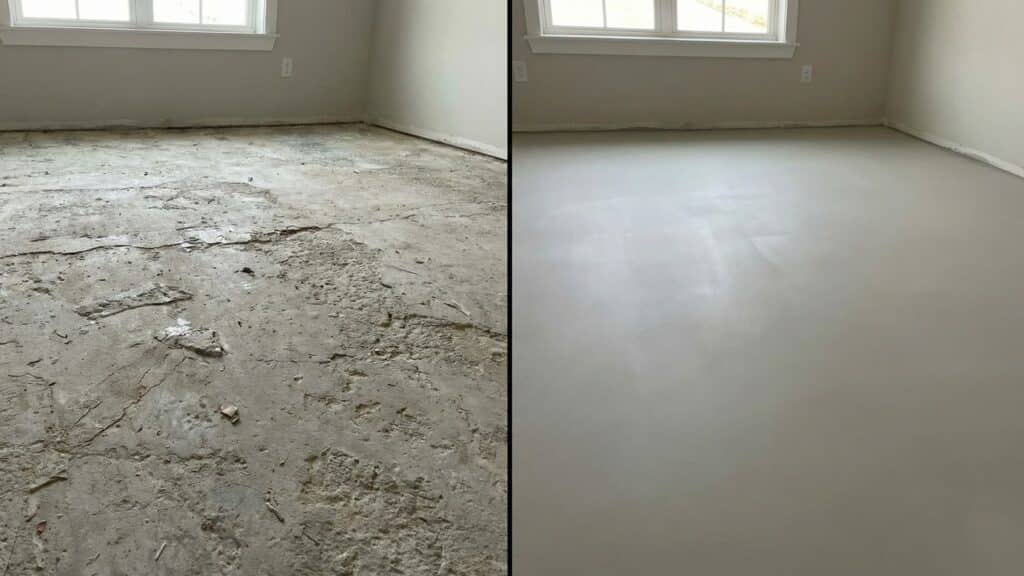 PVC vloer egaliseren vergelijking voor en na