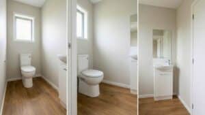 Pvc vloer in een modern toilet met warme houtlook en strakke afwerking