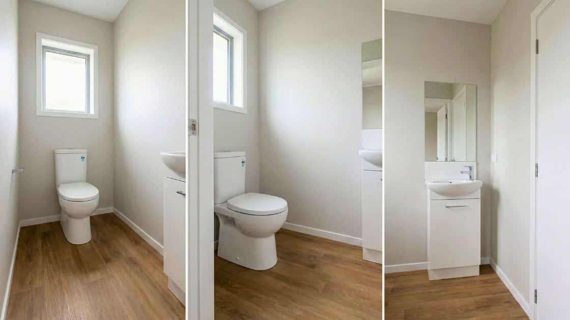 Pvc vloer in een modern toilet met warme houtlook en strakke afwerking