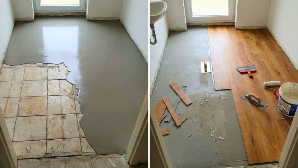 Pvc vloer leggen over bestaande tegels met geëgaliseerde ondergrond in toilet