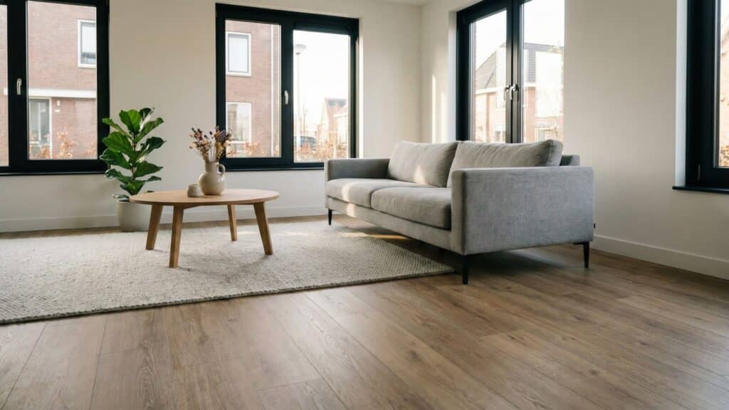 Afgewerkte pvc vloer met houtlook gelegd op een houten ondervloer