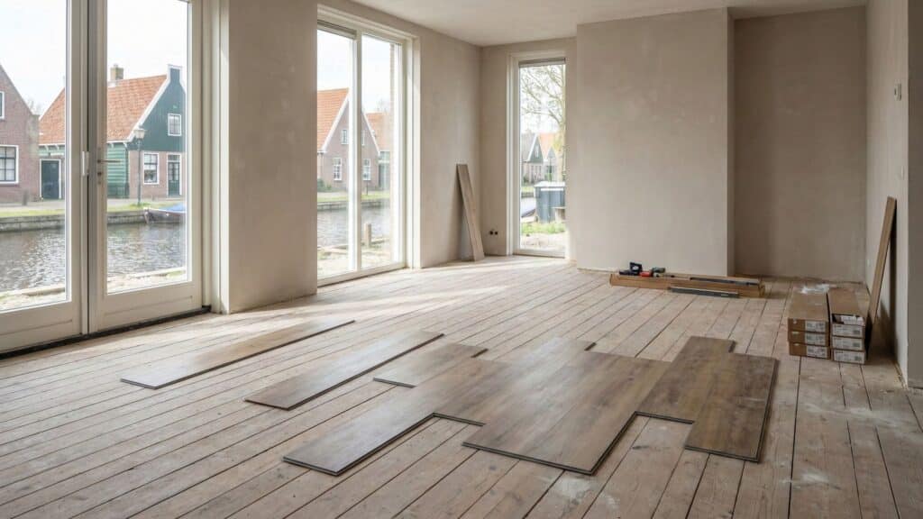 PVC vloer op houten ondervloer tijdens renovatie in een woning