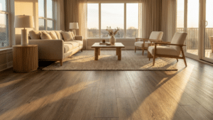 Moderne woonkamer met betaalbare PVC vloer in houtlook