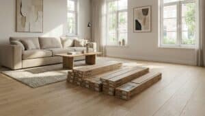 PVC vloer die wordt geacclimatiseerd in een verwarmde woonkamer