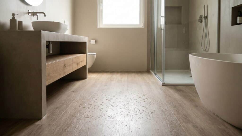 PVC vloer in moderne badkamer met waterdruppels