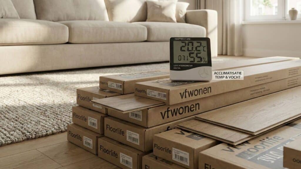 Temperatuur en luchtvochtigheid meten tijdens het acclimatiseren van een PVC vloer