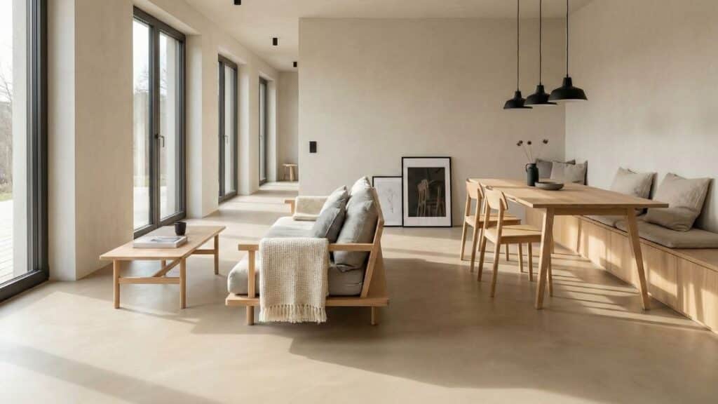 Japandi interieur met warme betonlook vloer in lichte greige tint