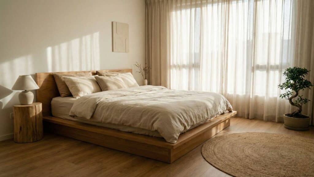 Japandi slaapkamer met warme lichte houtlook vloer en linnen textiel