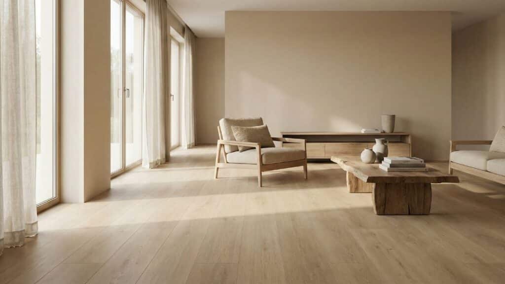Japandi woonkamer met lichte houtlook PVC vloer en warme beige tinten