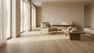 Japandi woonkamer met lichte houtlook PVC vloer en warme beige tinten