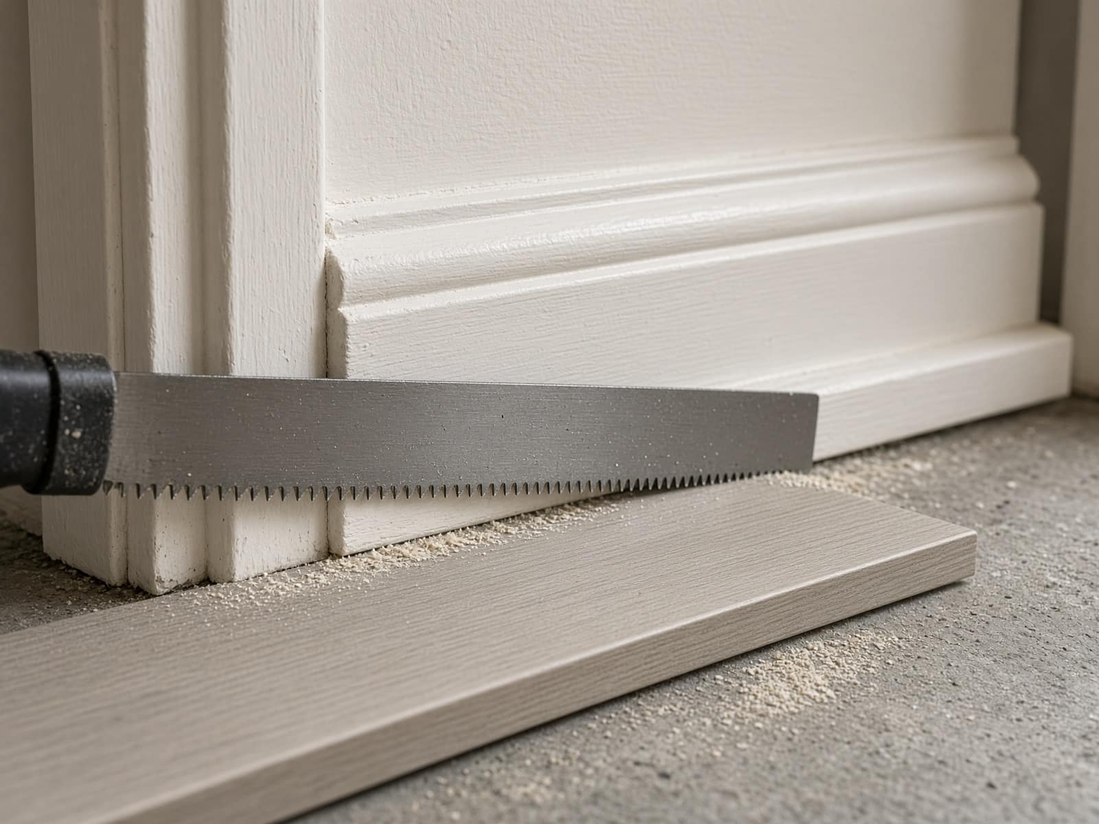 deurkozijn onderaf zagen op een plank als hoogtemaat voor een pvc vloer