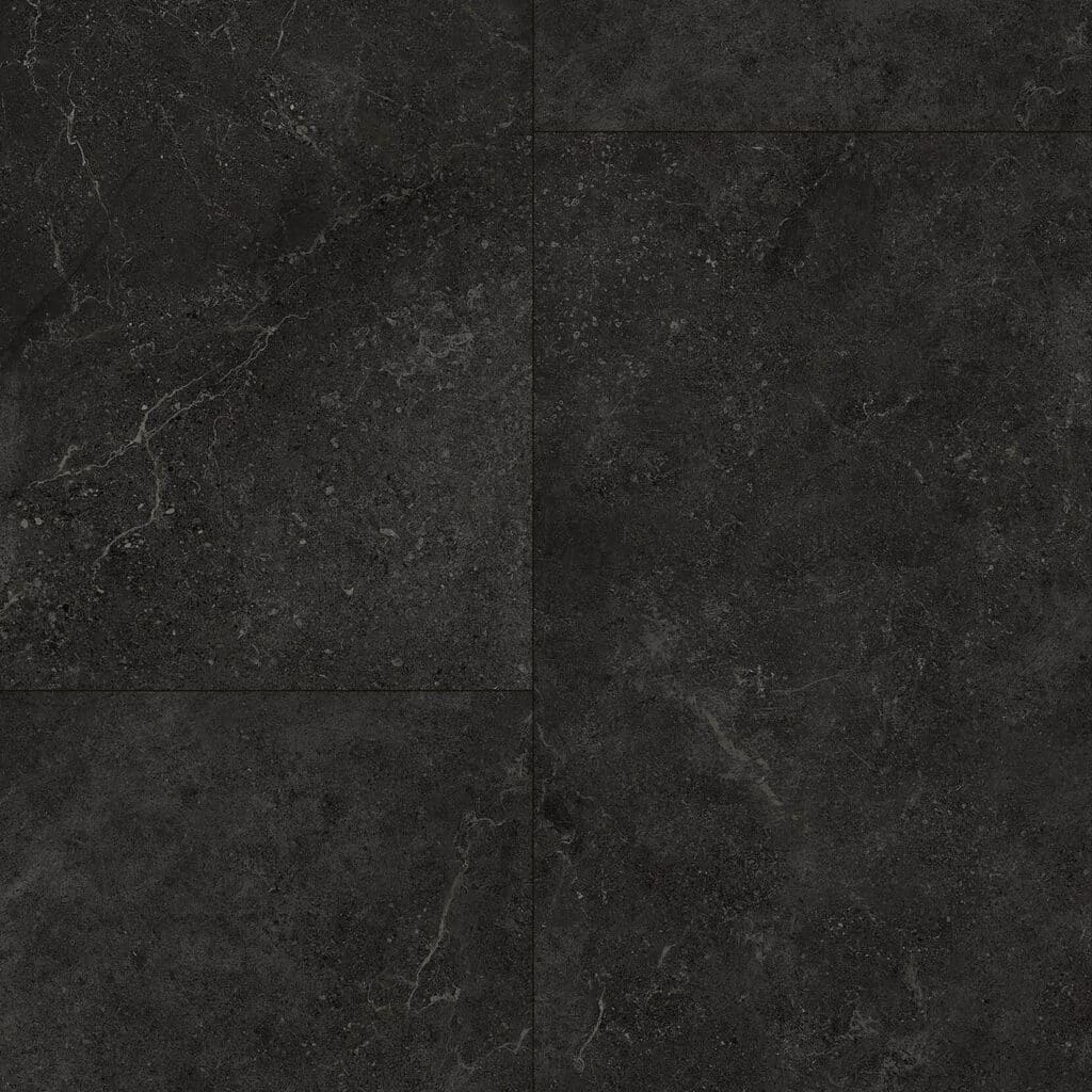 Bovenaanzicht van de Gelasta Fusion 1702 PVC tegels in Graphite, een donkere steenlook met lichte adering