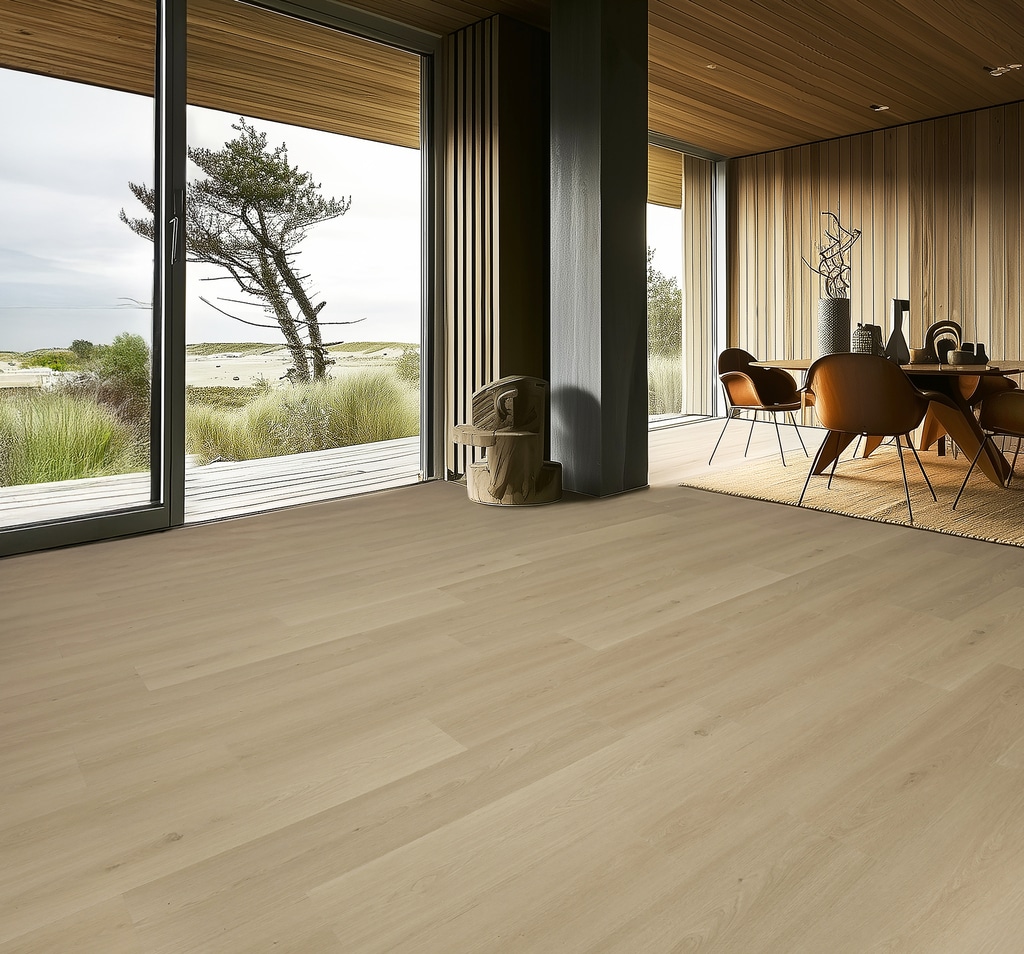 Eetkamer met de Gelasta Highland 2502 Desert PVC vloer en een glazen pui met duinzicht