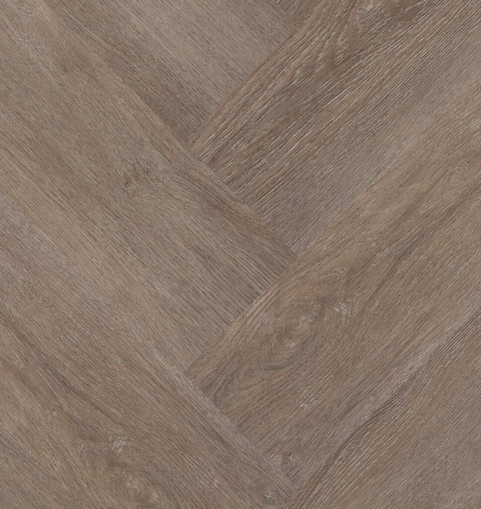 Bovenaanzicht van de Hebeta Charente 77869 PVC vloer, visgraat in grijsbruin eiken met taupe ondertoon