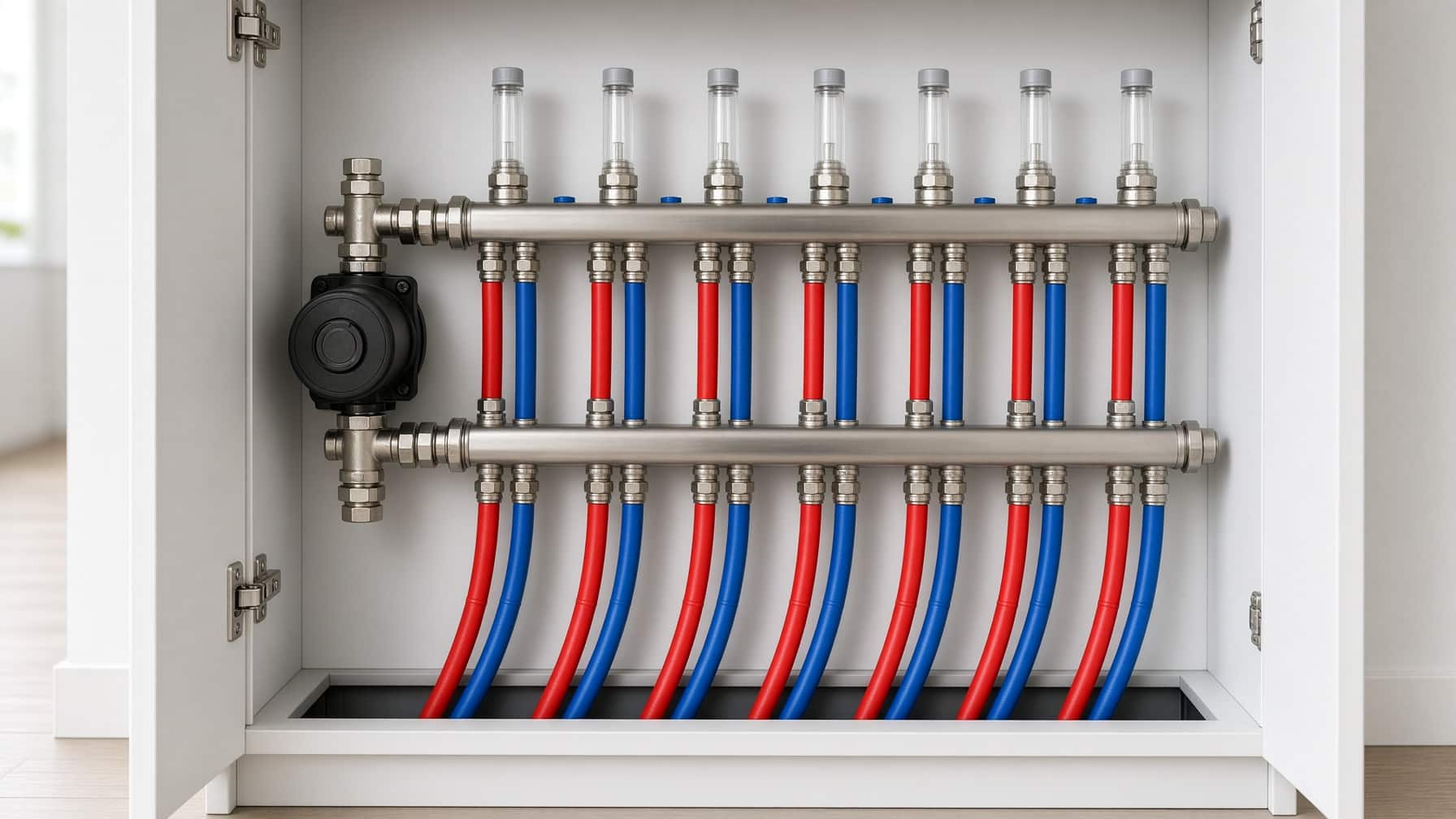 Verdeler van een vloerverwarmingsinstallatie met doorstroommeters en aansluitingen