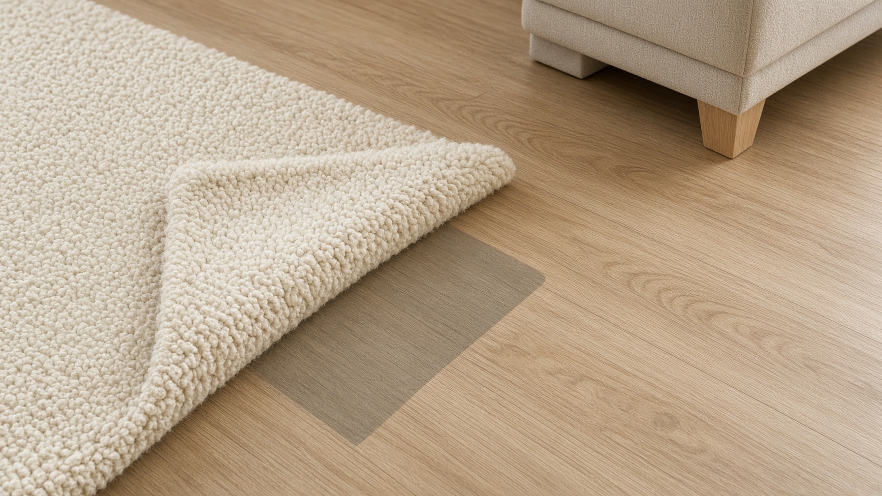 Vloerkleed teruggeslagen op een pvc vloer met een lichte verkleuring eronder
