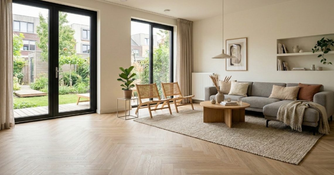 Hongaarse punt PVC vloer in licht eiken in moderne woonkamer