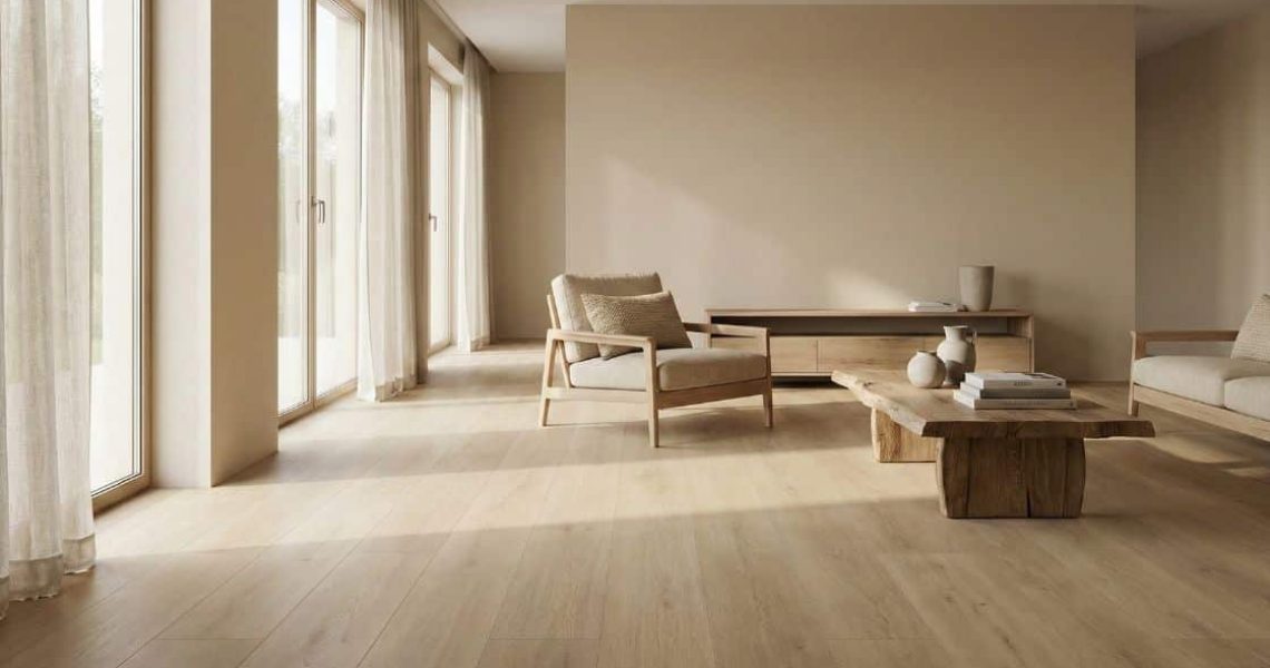 Japandi woonkamer met lichte houtlook PVC vloer en warme beige tinten