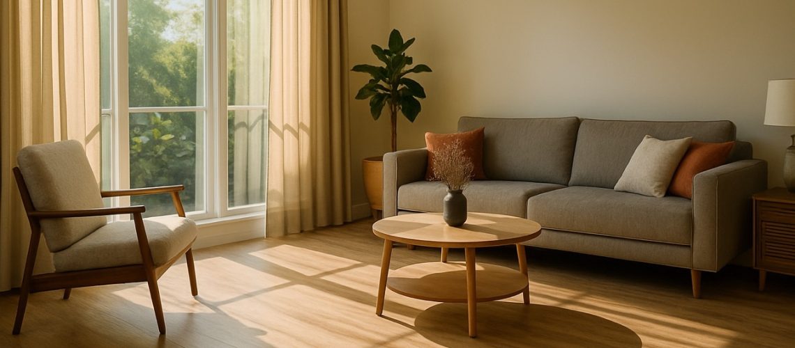 PVC vloer zomerklaar maken: zo voorkom je uitzetten en verkleuren - Moderne woonkamer met PVC vloer en zomerse lichtinval groot