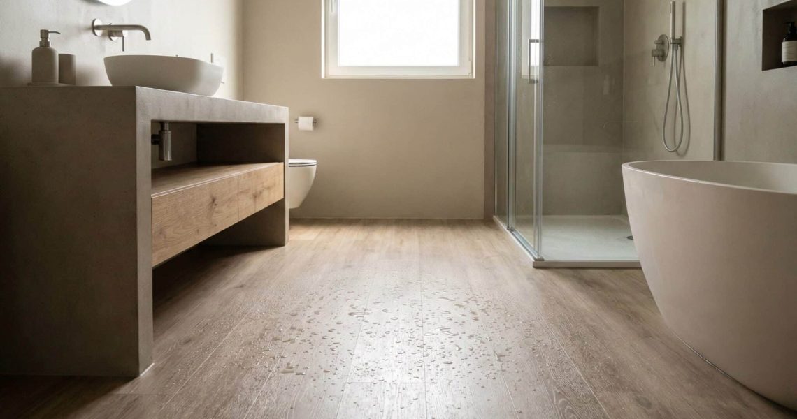 PVC vloer in moderne badkamer met waterdruppels