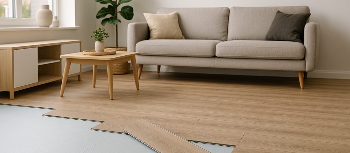 Een klik PVC vloer in aanleg met zichtbare ondervloer in een moderne woonkamer