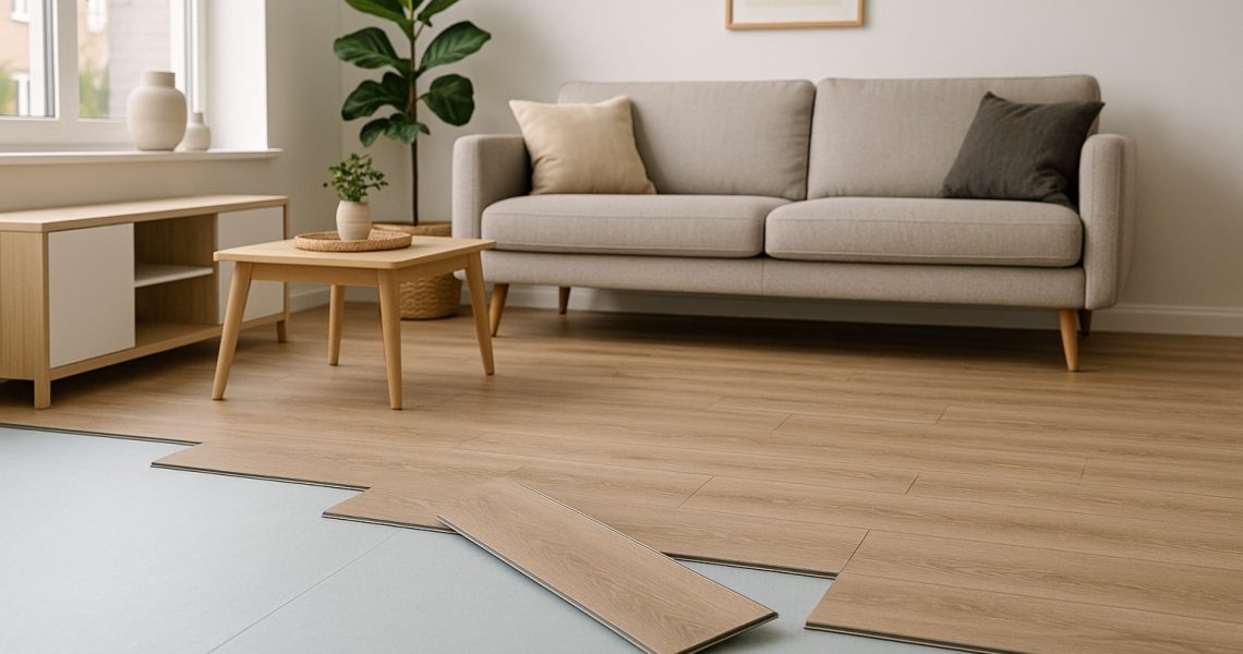 Een klik PVC vloer in aanleg met zichtbare ondervloer in een moderne woonkamer