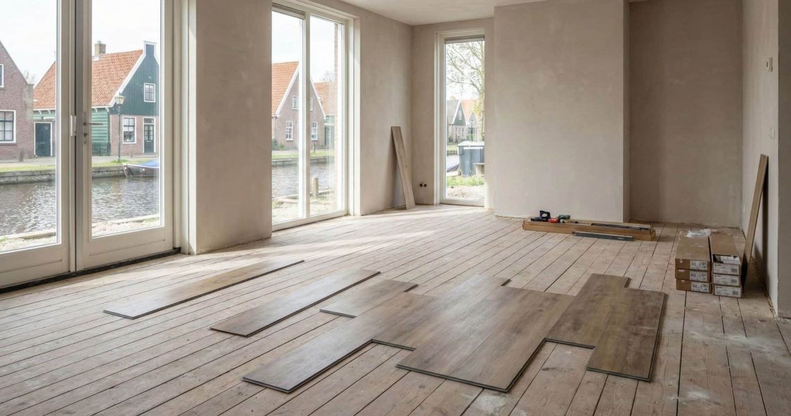 PVC vloer op houten ondervloer tijdens renovatie in een woning